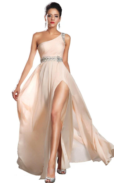 One-shoulder Chiffon Dress With Side Slit