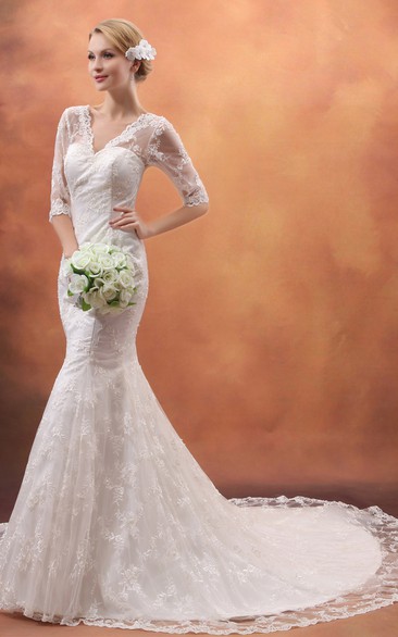 Deep V-Neck Half-Sleeve Mermaid Dress With Lace Appliques
