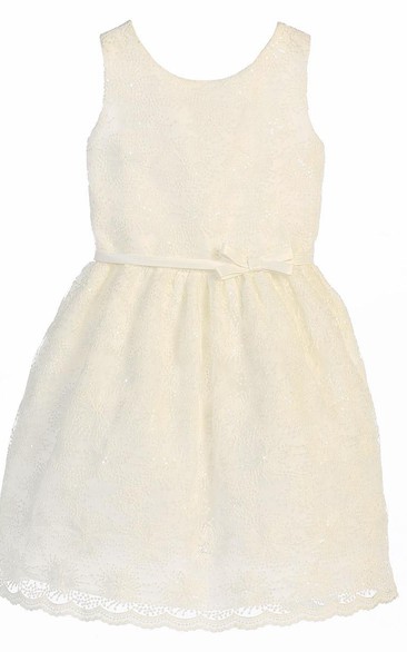 Scalloped Midi Bowed Tiered Sequins&Satin Flower Girl Dress