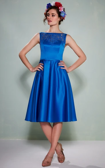 Knee-Length Appliqued Sleeveless Jewel Neck Satin Bridesmaid Dress With Straps
