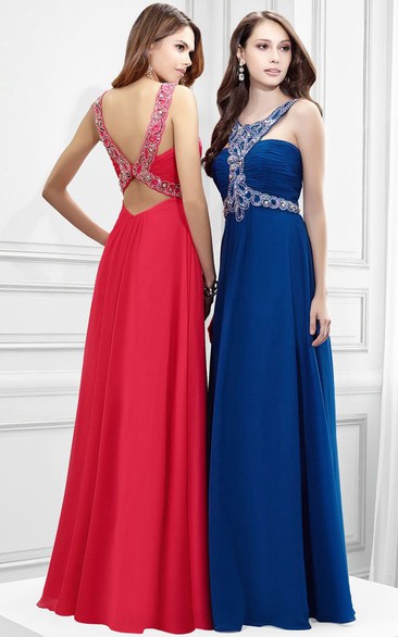 Scoop Neck Ruched Sleeveless Chiffon Prom Dress