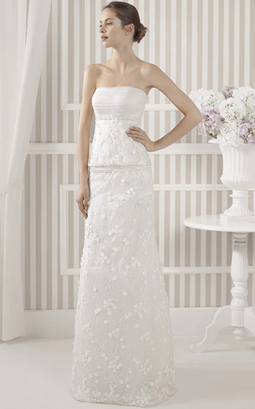 Sheath Ruched Sleeveless Strapless Floor-Length Wedding Dress With Flower