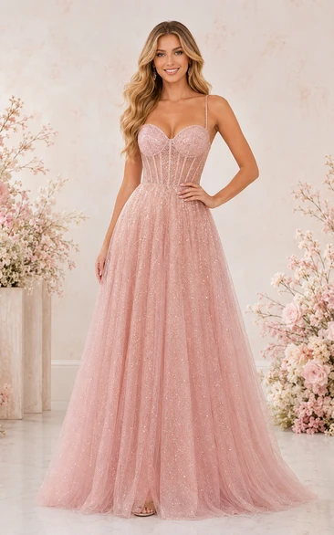 Vestido de fiesta de talla grande en tul rosa brillante con corte en A, tirantes finos y corpiño tipo corsé.