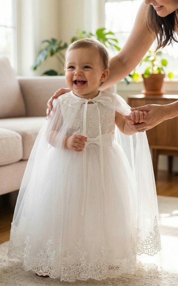 Christening White Baby Flower Girl Dress Cape Tulle Lace Ceremony Gown