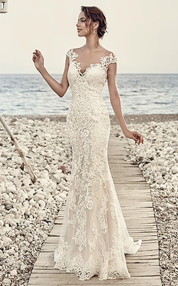 Sheath Cap-Sleeve V-Neck Floor-Length Lace Mermaid Wedding Dress With Appliques And Illusion