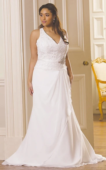 Sheath V-Neck Sleeveless Jeweled Chiffon Plus Size Wedding Dress With Draping