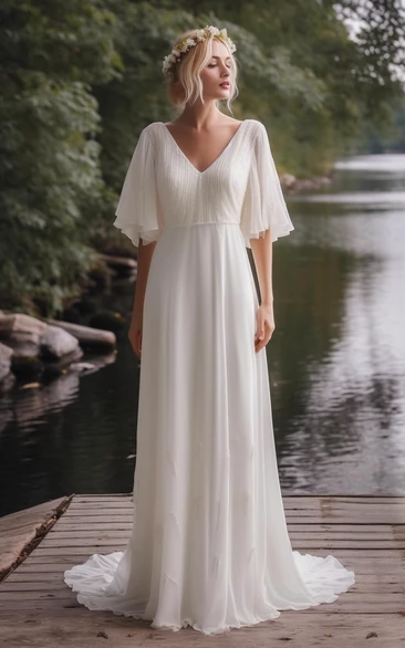 V-neck Chiffon Godness Half-sleeve Empire Wedding Dress