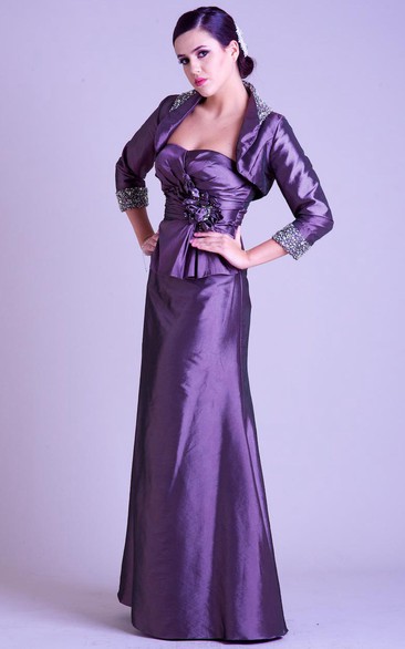 Sheath Beaded Strapless 3-4-Sleeve Long Satin Prom Dress With Cape And Flower