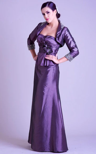 Sheath Beaded Strapless 3-4-Sleeve Long Satin Prom Dress With Cape And Flower