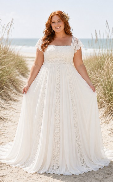 Robe de mariée de plage grande taille en mousseline de soie, coupe trapèze, col carré et corsage en dentelle