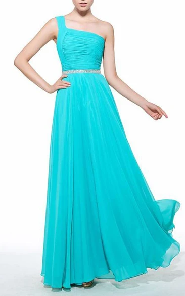 A-Line One-Shoulder Beading Long Prom Dress