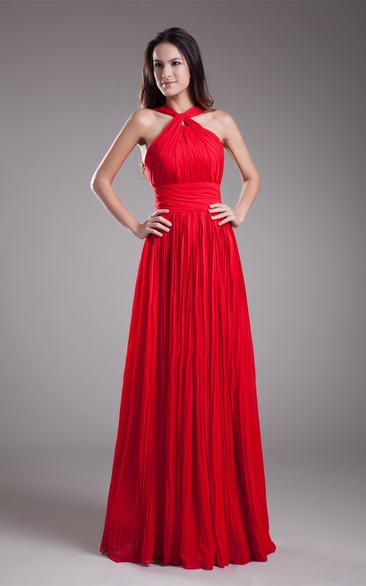 Sleeveless A-Line Floor-Length Ruched Zipper Back and Dress With Pleats