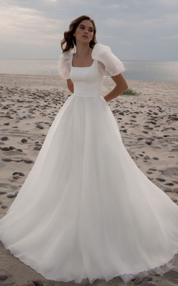 Simple A Line Scoop Chiffon Court Train Wedding Dress with Ruching