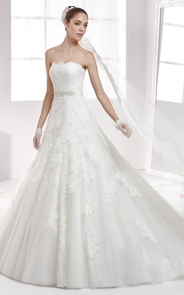 Strapless Back-Bow A-Line Lace Wedding Dress With Beaded Waist And Brush Train