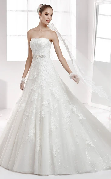 Strapless Back-Bow A-Line Lace Wedding Dress With Beaded Waist And Brush Train