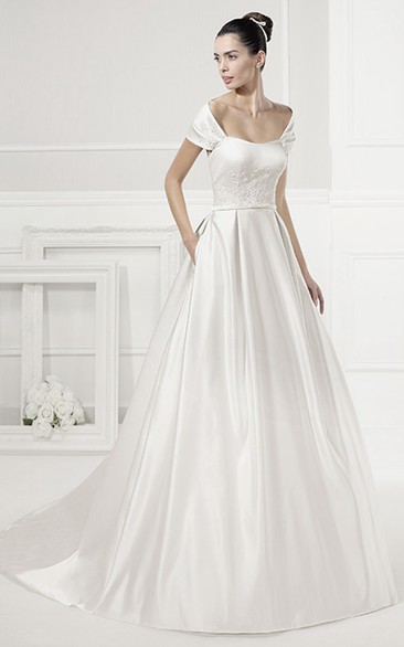 Unique Off-Shoulder Taffeta Bridal Gown With Belt
