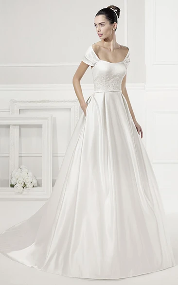 Unique Off-Shoulder Taffeta Bridal Gown With Belt