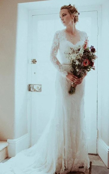 Lace Deep-v Back Long Sleeve Sheath Pleated Wedding Dress with Beaded Waist