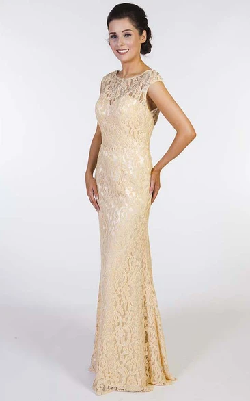 Sheath Cap Sleeve Scoop Neck Beaded Lace Prom Dress