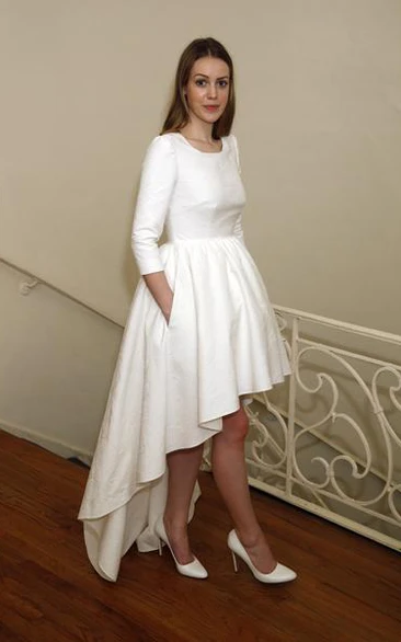 Modest Jewel Neck Short Front Long Back Wedding Dress With 3-4 Long Sleeves