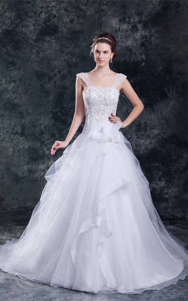 Caped-Sleeve A-Line Tulle Embroideries and Ball-Gown With Beading