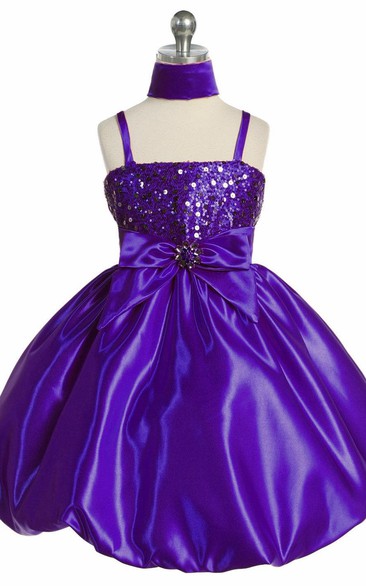 Midi Spaghetti Cap-Sleeve Bowed Sequins&Satin Flower Girl Dress With Cape