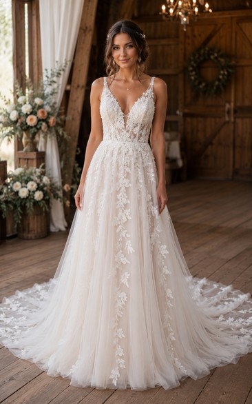 Country V-neck Tulle A-line Wedding Dress with Lace