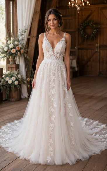 Country V-neck Tulle A-line Wedding Dress with Lace