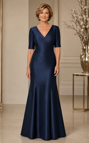 Dark Navy V-Neck Half Sleeve Satin Mermaid Mother of the Bride Dress