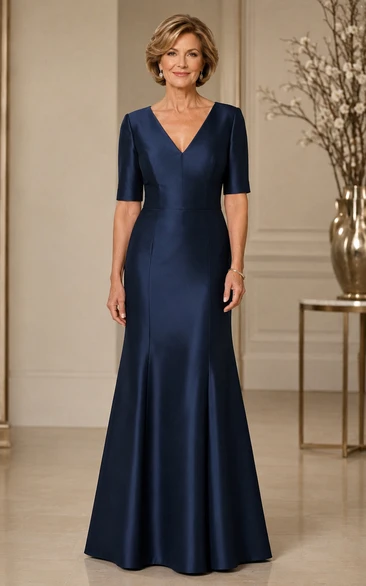 Dark Navy V-Neck Half Sleeve Satin Mermaid Mother of the Bride Dress