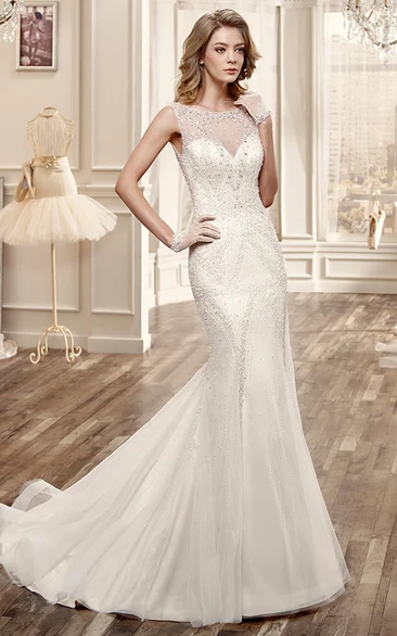 Cap-Sleeve Mermaid Long Wedding Dress With Beadings And Brush Train