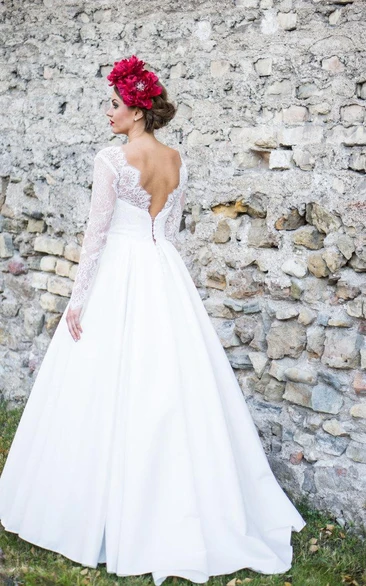 Long Sleeve A-Line Satin Dress With Lace Bodice and Low-V Back