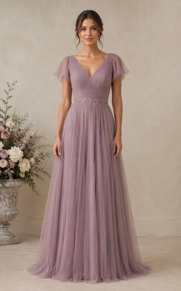 Mauve Tulle V-Neck A-Line Bridesmaid Dress with Beaded Waist