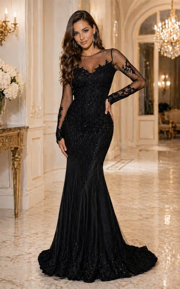 High Neck Mermaid Floor-length Sweep Brush Train Long Sleeve Lace Evening Dress with Zipper Back