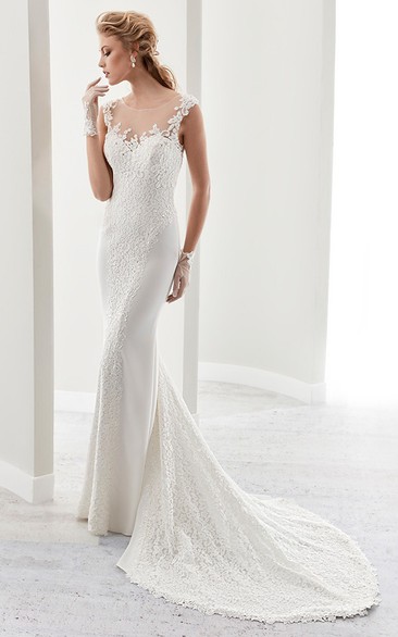 Cap Sleeve Sheath Bridal Gown With Illusion Details And Low-V Back