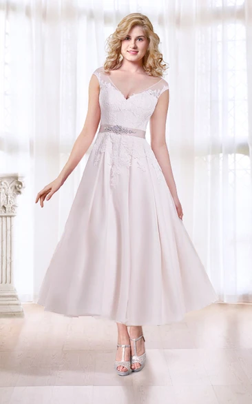 Tea Length A-line Short Wedding Dress with Sash