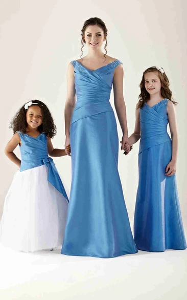 Ruched V-Neck Sleeveless Satin Bridesmaid Dress With Beading