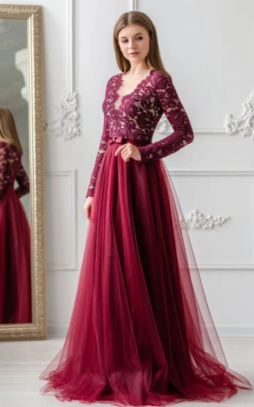 Modern A Line Lace Scalloped Floor-length Evening Dress with Bow