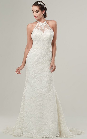 High Neck Long Appliqued Lace Wedding Dress With Sweep Train And Illusion