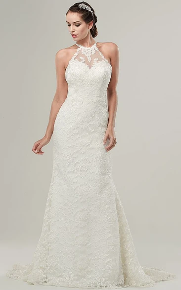 High Neck Long Appliqued Lace Wedding Dress With Sweep Train And Illusion