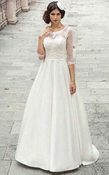 A-Line Long 3-4-Sleeve Appliqued Scoop-Neck Satin & Lace Modest Wedding Dress