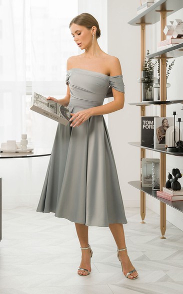 Simple Satin Off-the-shoulder A-line Tea-length Ruched Dress
