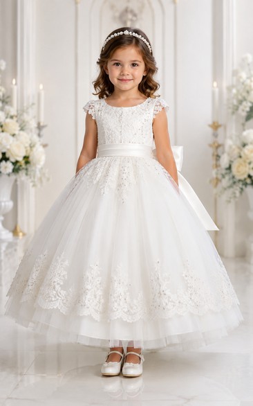Baby Christening Gown Modest A-Line Cap Sleeve Tulle Lace Tea-Length with Bow Sash in White