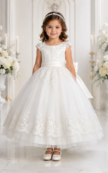 Baby Christening Gown Modest A-Line Cap Sleeve Tulle Lace Tea-Length with Bow Sash in White