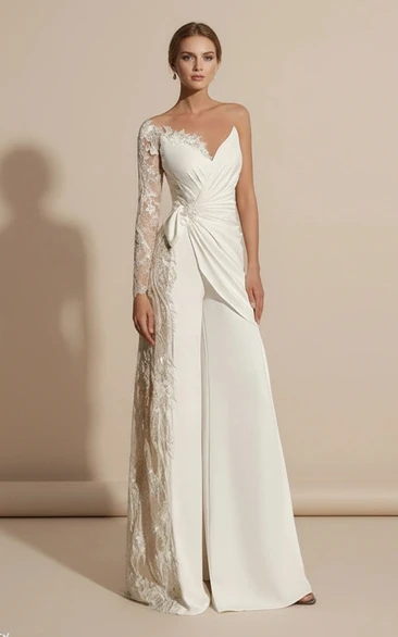 One Shoulder Lace Satin Wedding Jumpsuit