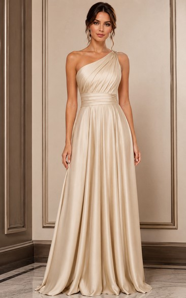 Ivory One-Shoulder Satin A-Line Formal Gown