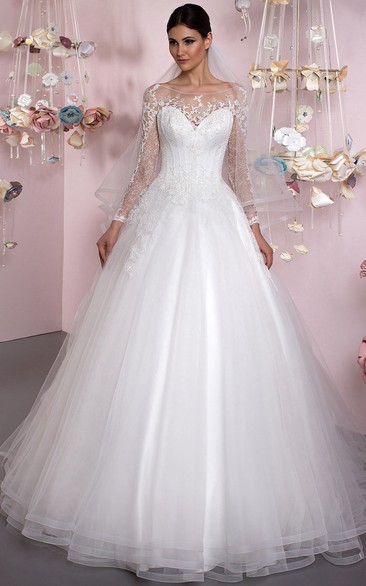 Ball Gown Bateau Neck Appliqued Long Sleeve Tulle Princess Wedding Dress
