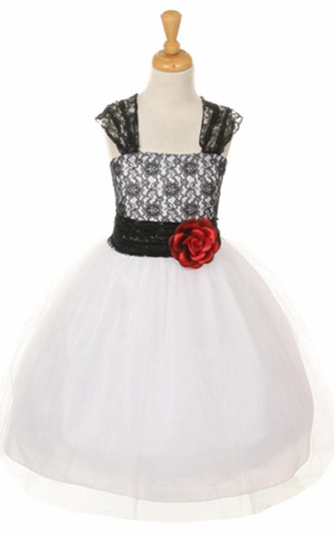 Tea-Length Floral Criss-Cross Tulle&Lace Flower Girl Dress With Straps