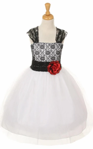 Tea-Length Floral Criss-Cross Tulle&Lace Flower Girl Dress With Straps