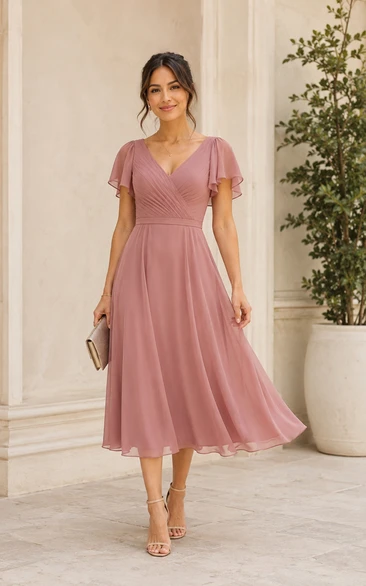 Dusty Rose V-neck Chiffon Tea-Length Dress